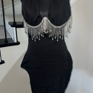 NWOT PrettyLittleThing Black Mini Dress with Silver Jewel Fringe Embellished (6)
